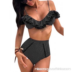 ZXZY Women Sexy Lace Insert Ruffle High Waist Polka Dots Bikini Set Swimsuit Black B07NQ4NG8X